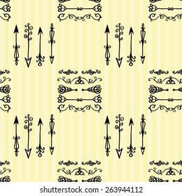 Hand drawn retro and vintage forged arrow and border decoration items. Set of isolated rustic wedding decorative symbols and elements. Black outline sketch on white background