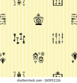 Hand drawn retro and vintage forged frame, arrow, spikelet, border, lantern, key, lily decoration items. Set of isolated rustic wedding decorative symbols and elements. Black outline sketch.