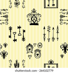 Hand drawn retro and vintage forged frame, arrow, spikelet, border, lantern, key, lily decoration items. Set of isolated rustic wedding decorative symbols and elements. Black outline sketch.
