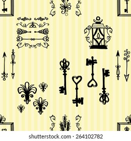Hand drawn retro and vintage forged frame, arrow, spikelet, border, lantern, key, lily decoration items. Set of isolated rustic wedding decorative symbols and elements. Black outline sketch.