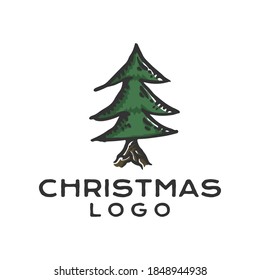 Hand drawn retro or vintage logo design, Christmas tree object graphic element