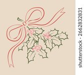 Hand drawn retro vintage vector christmas floral decoration. Hand drawn christmas mistletoe. Hand drawn christmas clipart