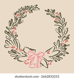 Handgezeichneter Retro Vintage Vektor Weihnachtskranz. Handgezeichneter Weihnachtskranz. Handgezeichneter Weihnachtsklipart