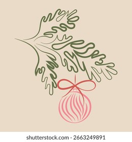 Decoração de Natal retro vintage vetor desenhado à mão. Decoração de Natal vintage. Florais de Natal, baubles, arcos. Clipart de Natal retrô