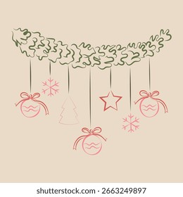 Handgezeichnete Retro Vintage Vektor Weihnachtsdekoration. Vintage Weihnachtsdekoration. Weihnachtsblumen, Kirschen, Schleifen. Retro-Weihnachtsklipart