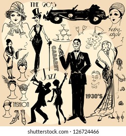 Hand Drawn Retro Women And Men Of Twenties, Sketch, 20s, 30s