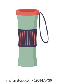 Hand drawn reusable coffee to go cup. Thermo mug with cover. Cute hand drawn Thermos for take away hot drink. Zero waste vector illustration isolated on white background.
