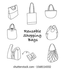 Hand Drawn Reusable Grocery Shopping Bags Collection on White Background. Black Doodle line Art Vector Illustration. No Plastic, Zero waste, Eco Friendly , Plastic Bag Free Concept.