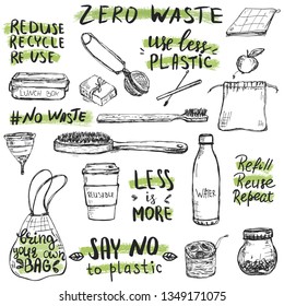 Hand drawn reusable and recycable items, like wooden tooth brush, shopper, water bottle and others. Zero waste concept.