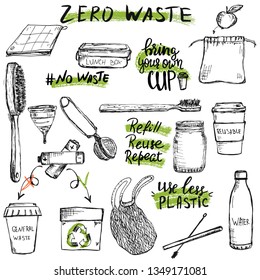 Hand drawn reusable and recycable items, like wooden tooth brush, shopper, water bottle and others. Zero waste concept.