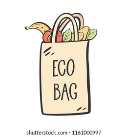 Hand drawn reusable shopping eco bag with fruits and vegetables. Vector illustration.