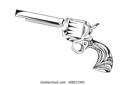Hand drawn revolver with boho pattern. Vector vintage element for tattoo design printed on a T-shirt, postcards and your creativity