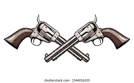 Hand drawn revolvers vector illustration. Crossbones guns. Vintage illustration.