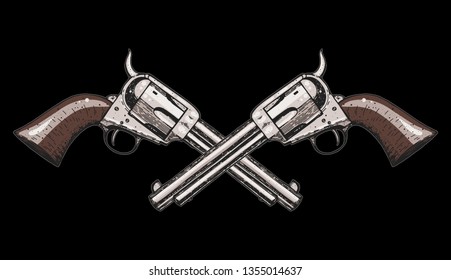 Hand drawn revolvers vector illustration. Crossbones guns. Vintage illustration. 