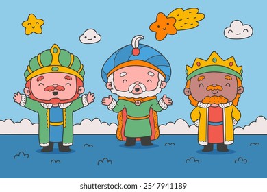 Desenhado à mão reyes magos personagens em estilo cartoon