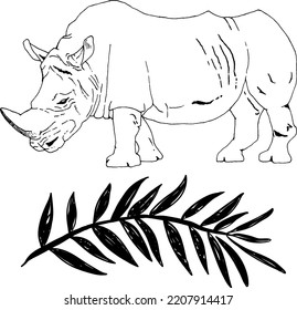 Hand Drawn rhino and branch with leaves, Vector Illustrations For clothing, home decor, cards and templates, scrap booking, post cards, frames.