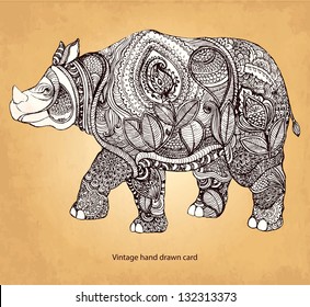 Hand drawn rhinoceros with elements of a flower ornament