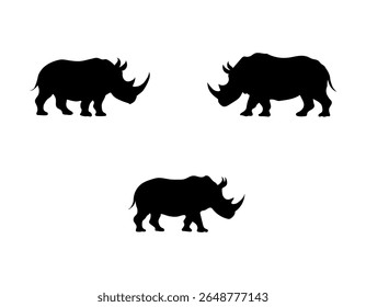 ilustração de silhueta de rinoceronte desenhada à mão em várias pose. Silhuetas De Rinoceronte Contra Fundo Branco. Silhuetas de Rinocerontes na Vista de Perfil. Silhuetas de rinoceronte em preto, azul e branco.