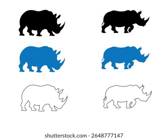 ilustração de silhueta de rinoceronte desenhada à mão em várias pose. Silhuetas De Rinoceronte Contra Fundo Branco. Silhuetas de Rinocerontes na Vista de Perfil. Silhuetas de rinoceronte em preto, azul e branco.
