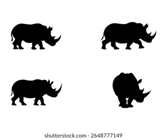 ilustração de silhueta de rinoceronte desenhada à mão em várias pose. Silhuetas De Rinoceronte Contra Fundo Branco. Silhuetas de Rinocerontes na Vista de Perfil. Silhuetas de rinoceronte em preto, azul e branco.
