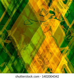Hand drawn rhombus and curved stripes. Yellow and green seamless texture. Abstract vector background for web page, banners backdrop, fabric, home decor, wrapping