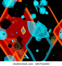 Rhombus dibujado a mano y elementos florales. Textura negra, azul, roja sin costuras. Resumen de fondo vectorial para página web, fondo de banners, tela, decoración doméstica, envoltura
