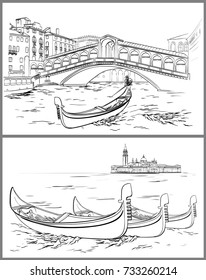 Hand drawn Rialto Bridge and Lido island, Venice