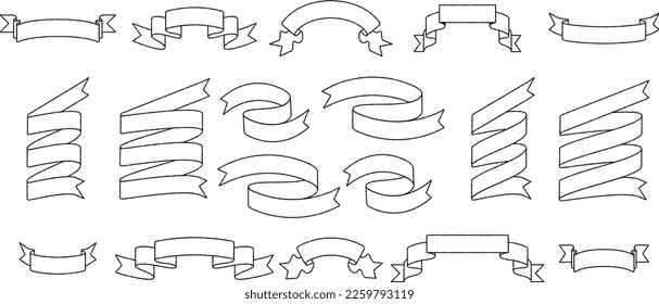 Hand drawn ribbon banner parts isolated on white background. Vector illustration in retro style.