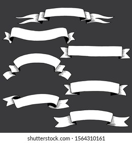 Hand drawn ribbon banners, classic universal elements  sketched kit isolated