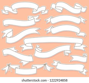 Hand Drawn Ribbon Banners Collection Set. Blank Ribbon Banner. Vector Illustration.