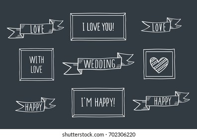 Hand drawn ribbon banners and frames for Valentine's Day, Mother's Day, birthday, wedding. Doodles, sketch, design elements. Vector.