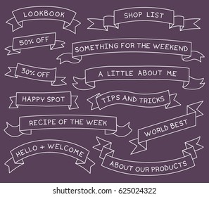 Hand Drawn Ribbon Banners Set with Handwritten Messages. Design Element.