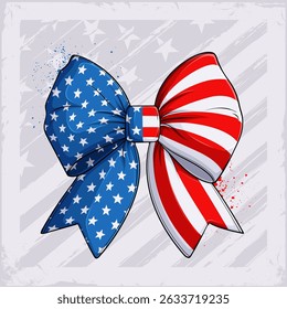Hand drawn ribbon bow in American flag pattern, celebrating 4th of July independence day, honoring veterans day, remembering memorial day
