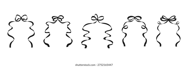 Hand drawn ribbon bow border. Whimsical bow frame template. Black minimalist cute girly vector. Contemporary aesthetic for wedding invitation, beauty branding, cards, social media, label, logo