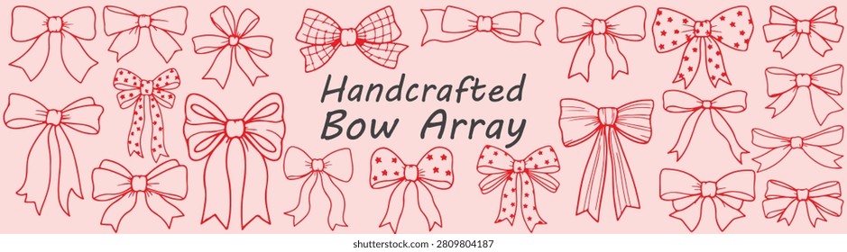 Hand drawn ribbon bow collection featuring decorative handcrafted designs for gift wrapping, invitations, weddings, celebrations, packaging, scrapbooking, stationery, and elegant creative illustration projects.