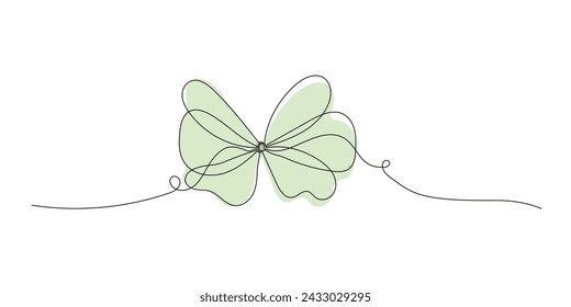 Handgezeichneter Bandbogen, durchgehende Linie und grüner Punkt. Bowknot eine Linie Kunst isoliert auf weißem Hintergrund. Vektorgrafik, bearbeitbarer Strich