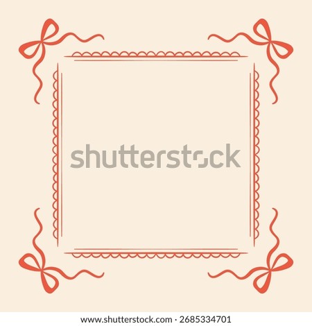 Hand Drawn Ribbon Bow Corner Square Border. Cute scallop line art frame for greeting cards, journal pages, and collage projects