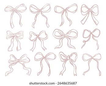 Coleção De Contornos De Arco De Fita Desenhada À Mão. Uma coleção encantadora de 12 ilustrações de arco de fita desenhadas à mão com loop e contornos vintage. Perfeito para a embalagem de artesanato festivo e design de adesivo