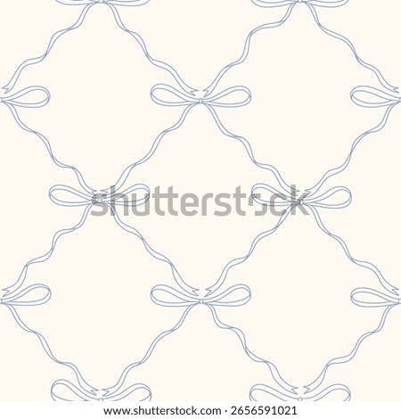 Hand drawn ribbon bow seamless lattice pattern with a charming whimsical cottage core design. Soft blue, pastel, and nostalgic trellis print. Perfect for textiles and romantic vintage-inspired decor.