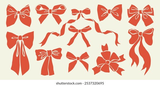 Arcos de fita desenhados à mão. Arcos de fita de feriado para embrulhar presente. Silhueta de bowknot minimalista para o aniversário, Natal, Ano Novo, decoração do Dia dos Namorados, bordas, quadros, banners. Ilustração vetorial.