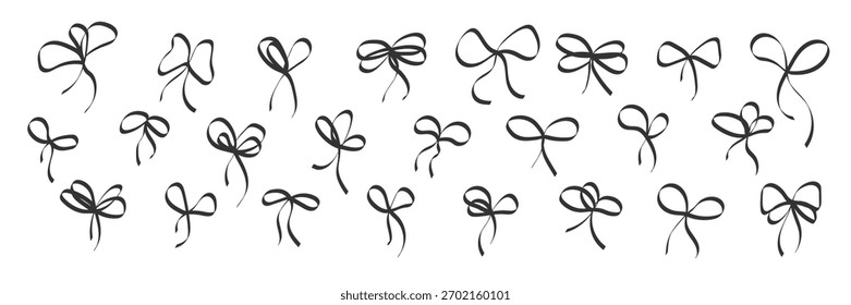 Hand drawn ribbon bows set. Doodle bow illustration. Continuous line bow drawings. Delicate ribbon bow silhouettes. Cute girly doodles. Gift package decoration icon