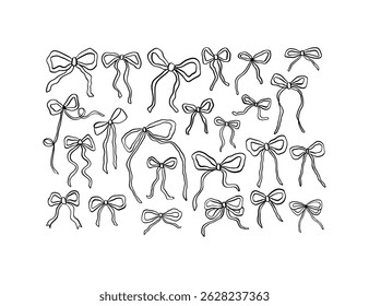 Hand drawn ribbon bows vector set. Coquette style illustration. Cute sketched black bow drawing. Line art doodle collection for present, card, wedding decor