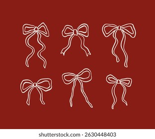 Hand drawn ribbon bows vector set. Coquette style illustration. Cute sketched bow drawing. Whimsical line art doodle collection for present, card, wedding or birthday decor