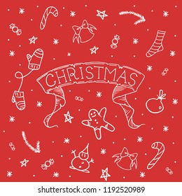 Hand drawn ribbon with "Christmas" lettering. Red background full of Christmas objects.