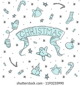 Hand drawn ribbon with "Christmas" lettering and differents objects in blue and grey.