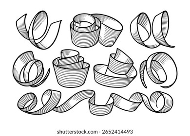Ensemble d'Images vectorielles à boucles de ruban dessinées à la main avec texture hachurée et conception tourbillonnante