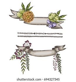 Hand drawn ribbon decorated with flower and leaves. Ready template for your design. Vector illustration