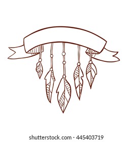 Hand drawn ribbon with feather  isolated on white background. Art vector illustration.