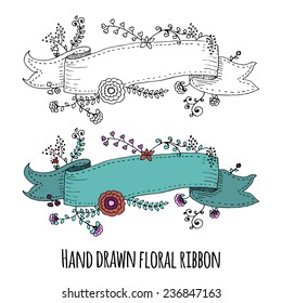 Hand drawn ribbon with flower. Vector, EPS 10