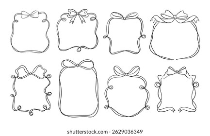 Handgezeichnete Farbbandrahmensammlung. Eine anmutige Sammlung von acht handgezeichneten Rahmen mit Bändern Schleifen Locken und Loops in verschiedenen quadratischen rund und oval perfekt für die Verpackung Etiketten Einladung